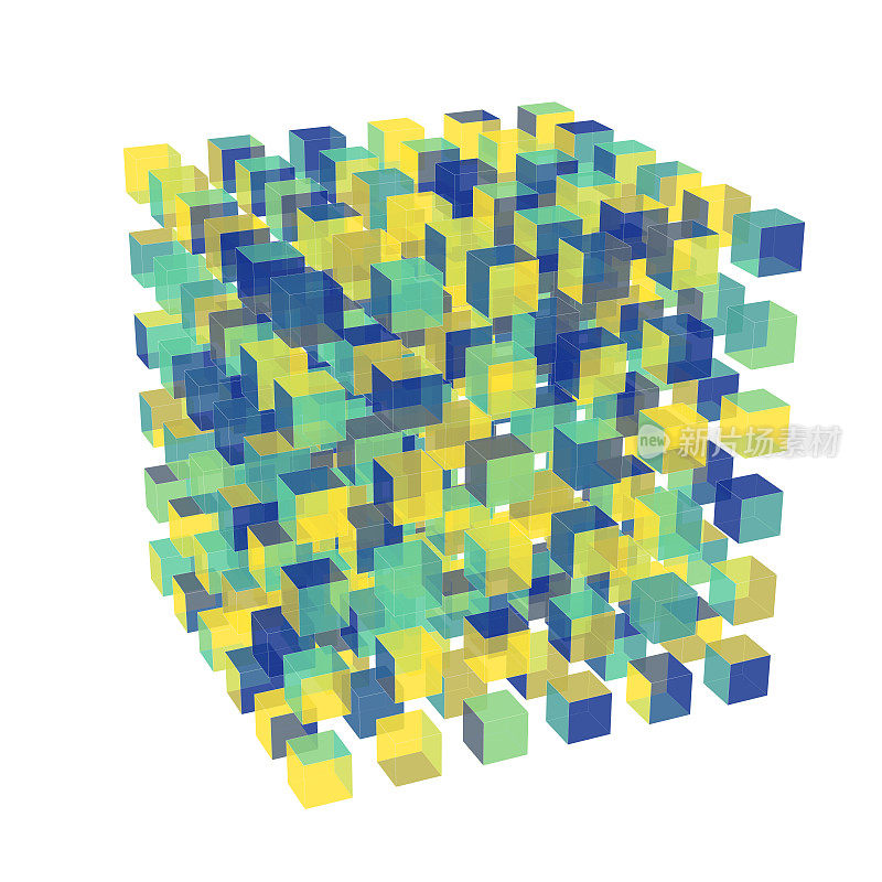 抽象的不同颜色的小玻璃立方体云，6x6x6 = 216个立方体。大差距。与视角。